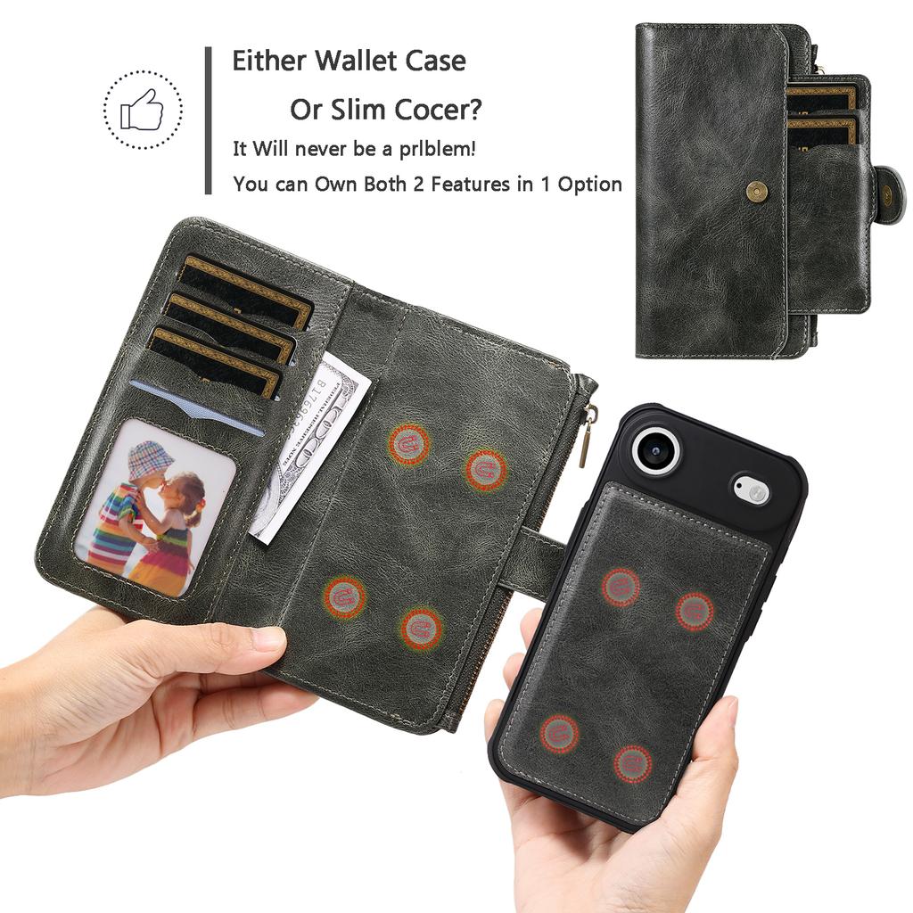 For iPhone 17 Air Phone Case PU Leather Zipper Wallet Detachable Cover