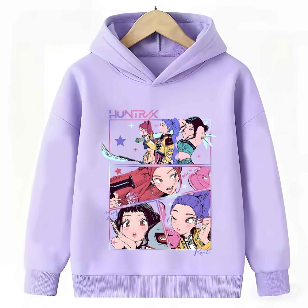 Purple Sweatshirt KPop Demon Hunter Rumi Derpy Cartoon Warm and Thick, Fashionable Casual Top Printed Hoodie for Boys and Girls