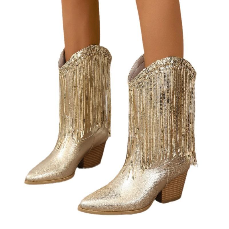 2024 Новые классические женские винтажные ковбойские сапоги с золотой бахромой для женщин, туфли на квадратном каблуке, концертные вестерн-сапоги для женщин