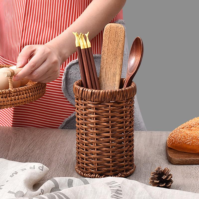 Round PP Kitchen Utensil Holder With Woven Design Countertop Chopstick Organizer Storage Rack Spoons Forks