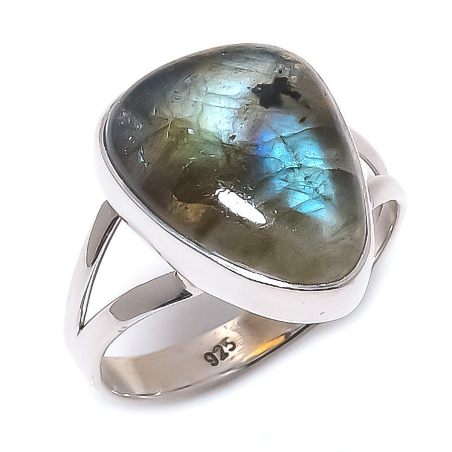 Natural Labradorite Gemstone Handmade 925 Solid Silver Jewelry Ring Size 8 E5L77