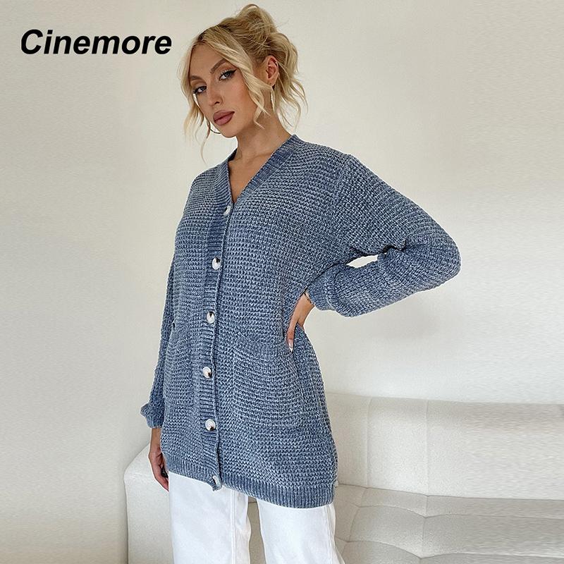 Cinemore Весенне-осенний женский свитер однотонный свободный повседневный открытый карман теплый базовый топ с длинными рукавами и круглым вырезом трикотажная карточка