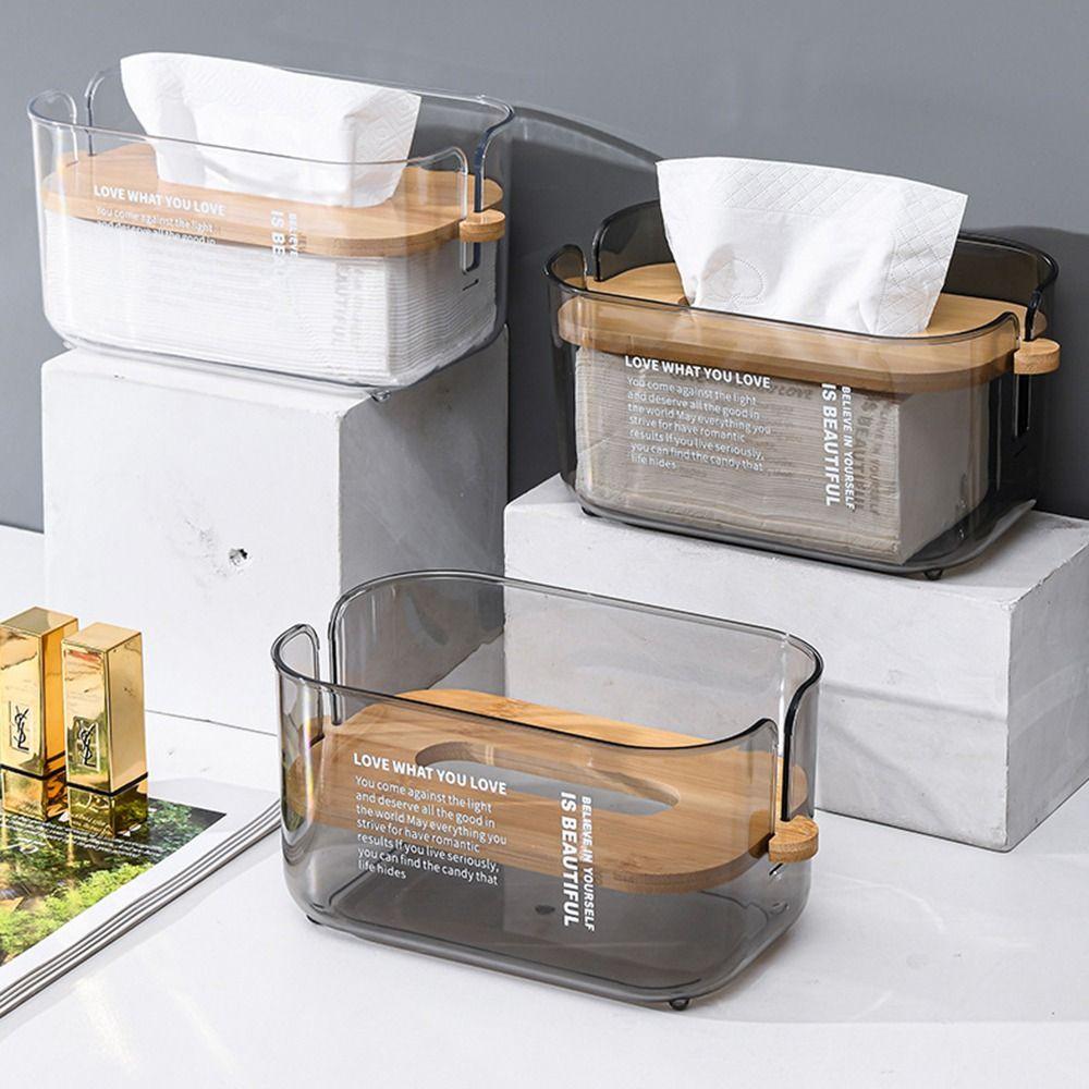 Waterproof Transparent Tissue Box Bamboo Lid Facial Tissue Holder Bathroom