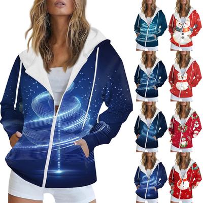 Женская рождественская печатная толстовка, зимняя куртка-кардиган с длинными рукавами и карманами, на молнии, толстовка с капюшоном, верхняя одежда