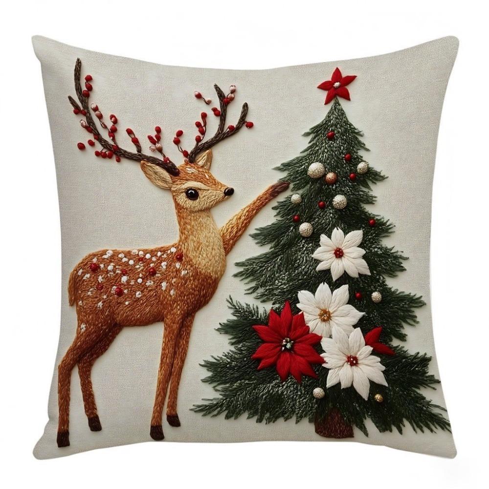 Linen Throw Cushion Cover Elk Santa Claus Snowman Xmas Tree Pillow Case  Living Room