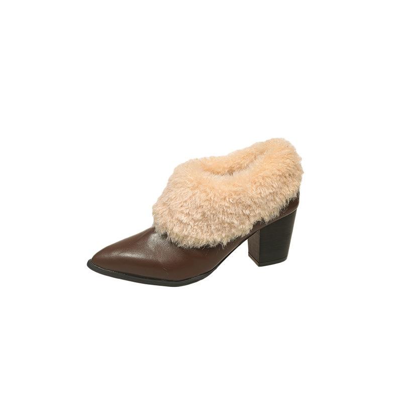 One-pedal Fluffy High-heeled Bare Boots, Winter Plush Warm Fashion Boots, New Pointed-toed Plush Single Shoes