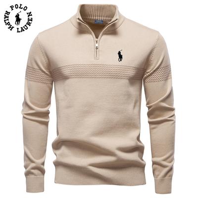 Мужской свитер из чистого хлопка с вышивкой, новинка бизнеса, осень-зима 2025, воротник-стойка, высококачественный повседневный мужской топ на молнии до середины.