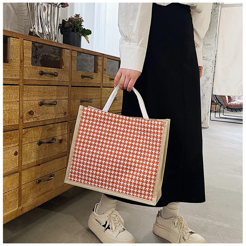 Льняная клетчатая сумка, большая вместительная клетчатая сумка для покупок, простая модная женская сумка через плечо