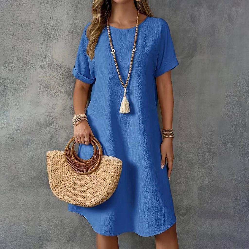 Женское летнее повседневное однотонное платье с круглым вырезом и коротким рукавом средней длины свободного покроя