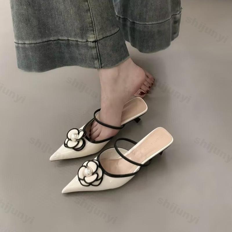 Fashion Woman Flower Pointed Toe High Heels Women Female Summer Elegant Fashion Pumps Flower Mule Slippers Women Luxury Designer Sandals