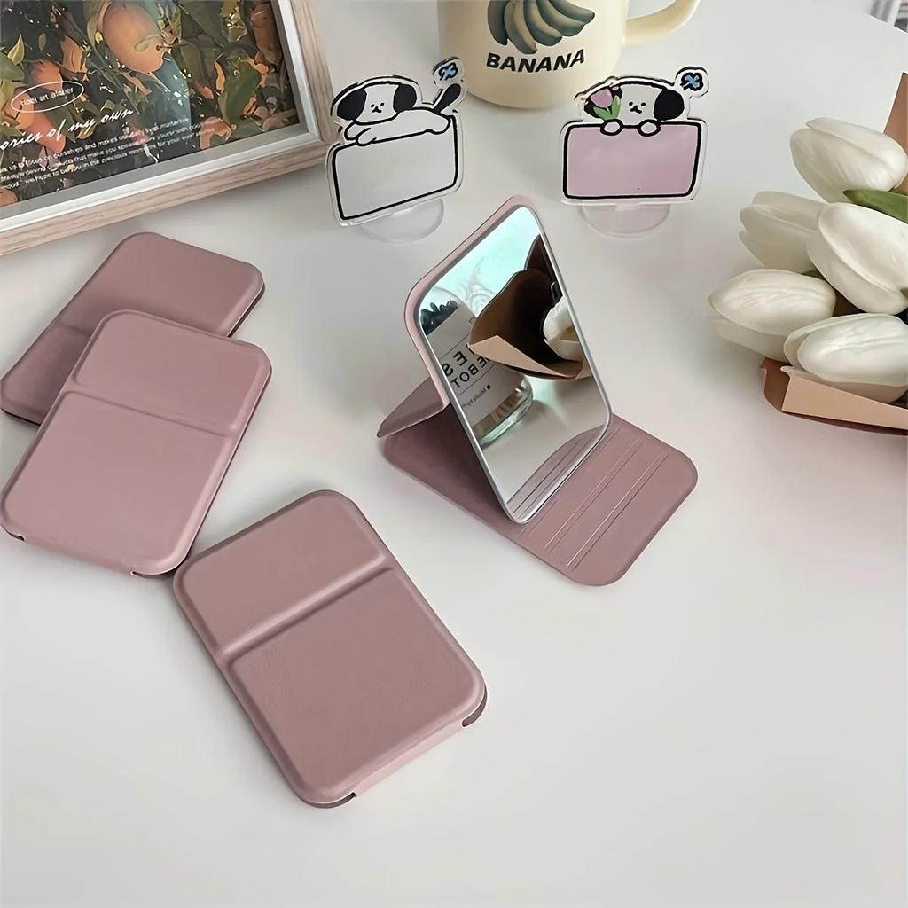 1pc Elegant Folding Mini Makeup Mirror with PU Stand, Portable Glass Cosmetic Mirror, Hand Washable, for Dorm and Desktop Use