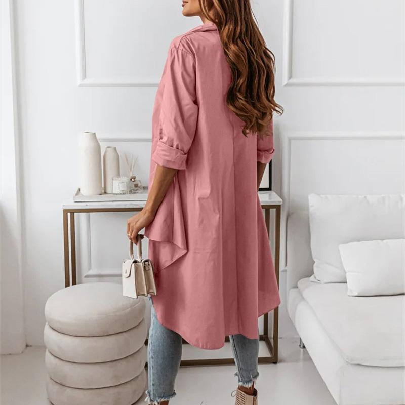 Women Spring Autumn Long Sleeve Lapel Solid Color Loose Irregular Long Shirt Blouse Top