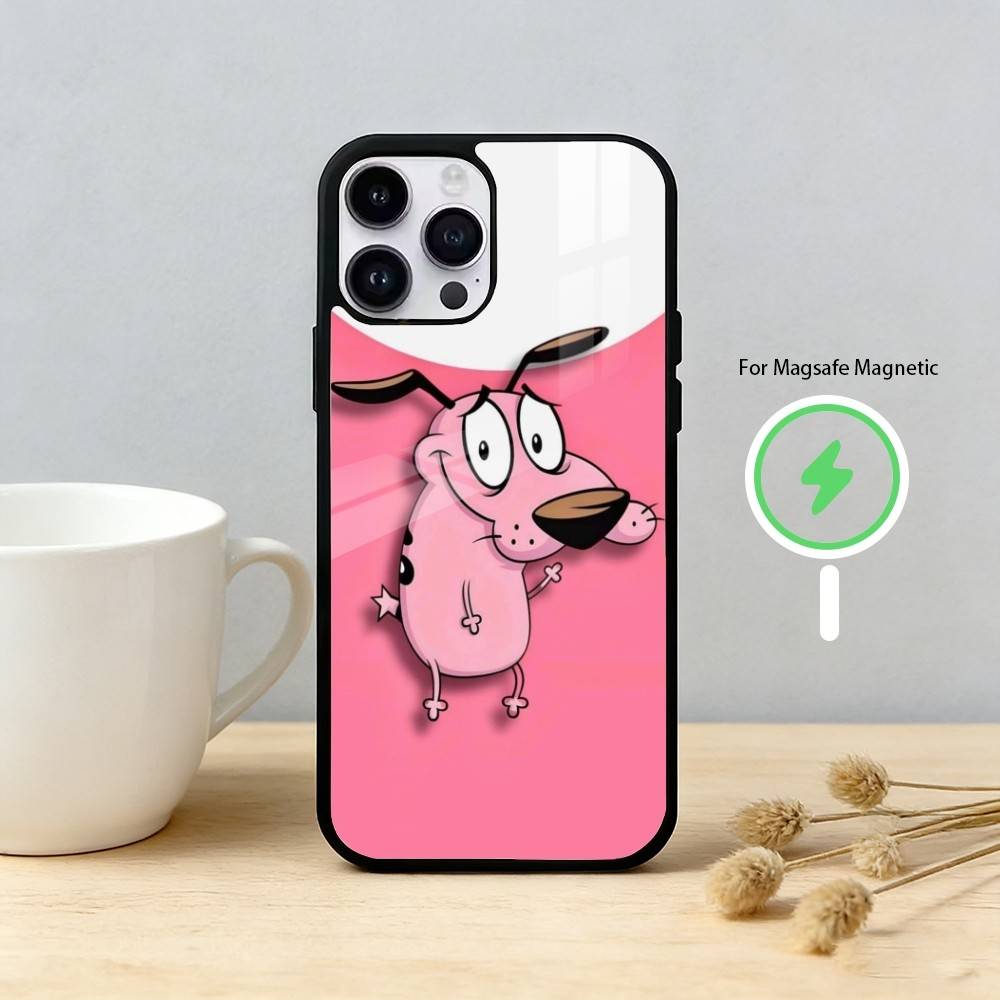 Мультяшный чехол для телефона C-COURAGE Собака-Трусишка D-Dog для iPhone 17 16 15 14 13 12 Pro Max Plus с зеркальной беспроводной магнитной крышкой