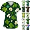 Ladies' St. Patrick Print Fashionable V-neck Pocket Short Sleeved Uniform And Caregiver Top