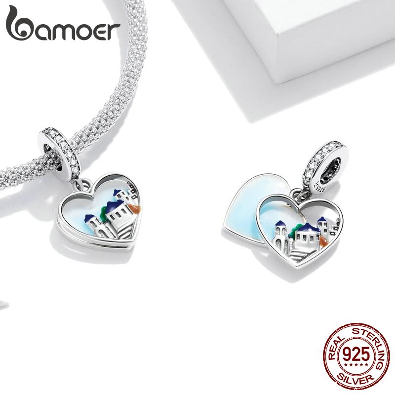 BAMOER 925 Sterling Silver Traveling Series Shine Cubic Zirconia Cute Pink Car & Windmill House Love & Heart Cable Car Charm Beads