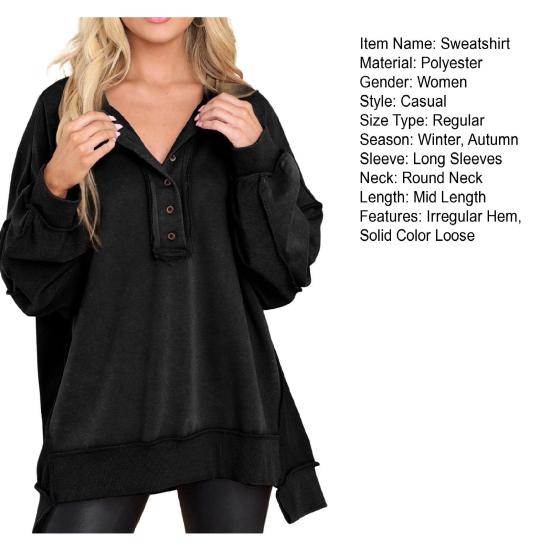 Женская толстовка с пуговицами, круглым вырезом, длинными рукавами, эластичными манжетами, свободная однотонная, неровный подол, пуловер, повседневный спортивный топ