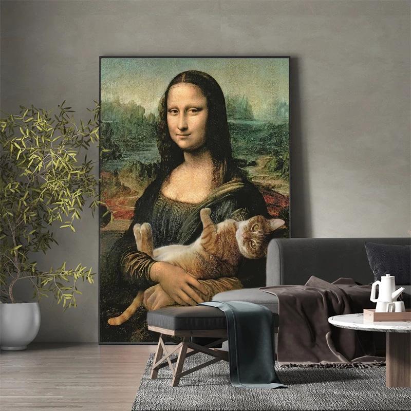 Mona Lisa and Cute Cats, a Funny Canvas Painting, Prints, Poster, Classical Famous Painting, Wall Painting, Home Decor In the Living Room, Gift