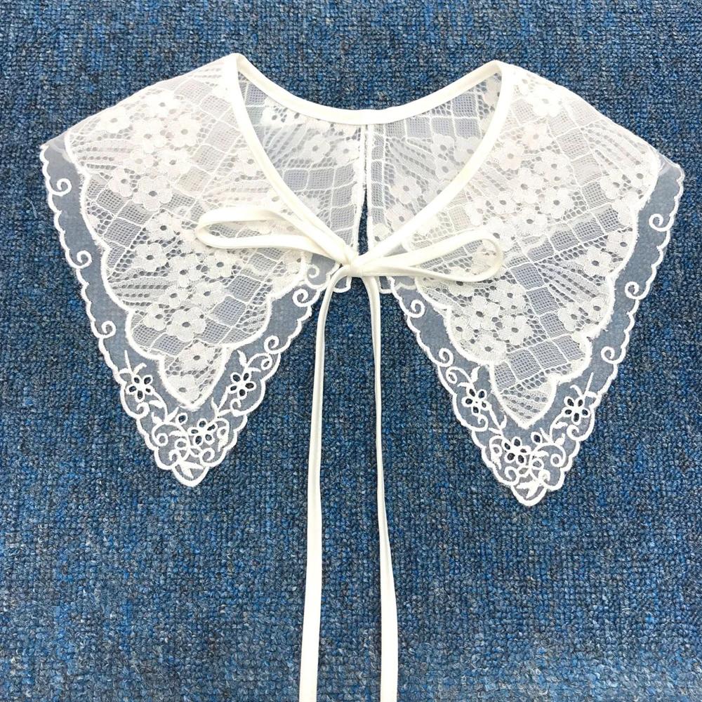 Women Girls Chiffon Lace Fake False Collar Decorative Double Layer Ruffles Embroidery Choker Blouse Shawl Bowtie