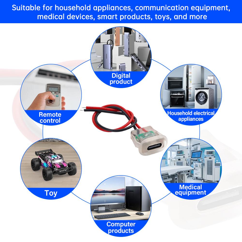 2pin USB Type-C 5A Input Charging Socket with LED Light Flat USB-C Power Connector Tinned Copper Wire End Female Connector