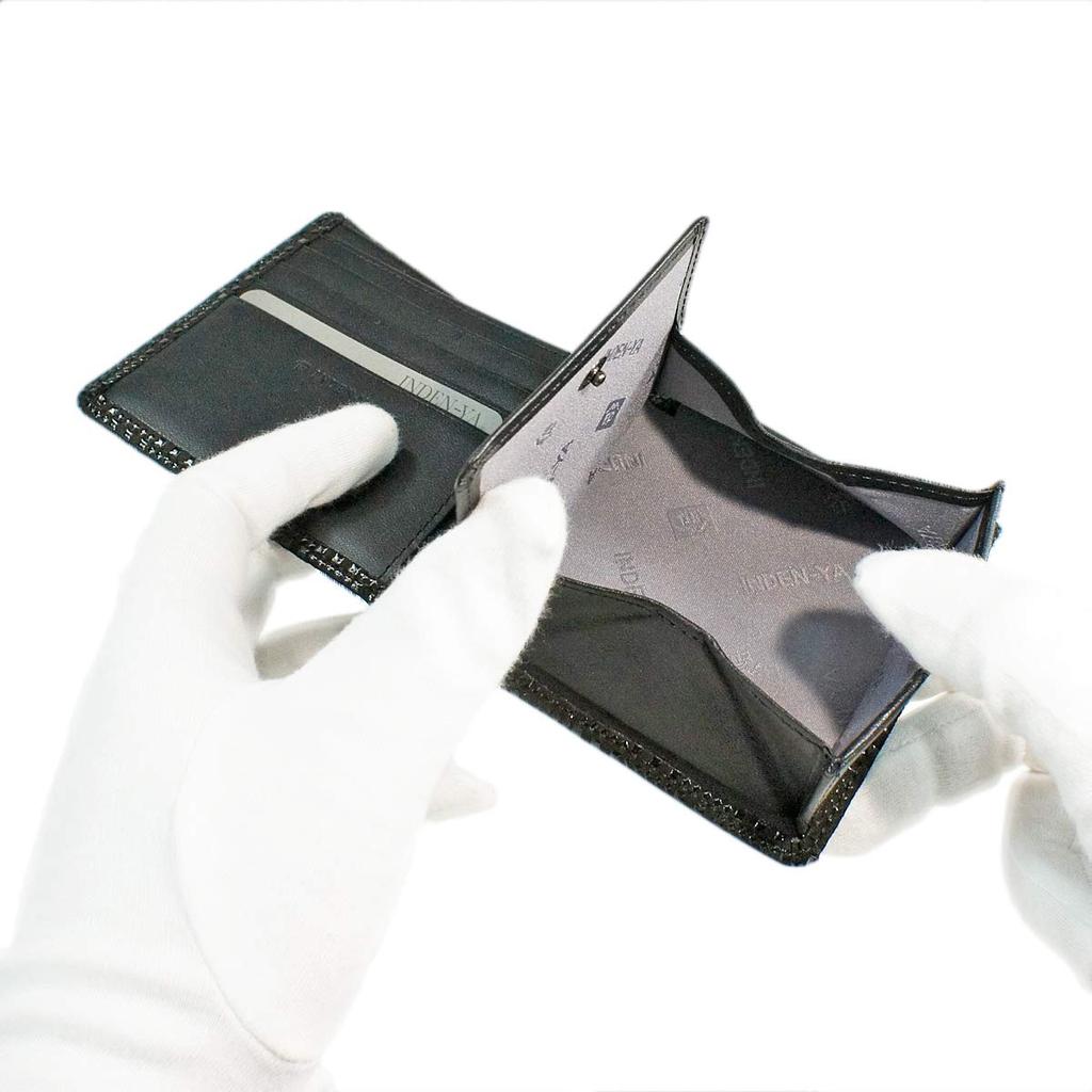 Inden Bifold Bill Compartment Box Type Coin Black Background X Black Small Checkered Pattern [Indenya] Wallet, S, Purse, Deerskin, Lacquer,