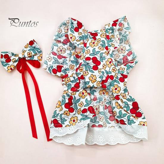 1 комплект, платье для домашних животных, платье принцессы с цветочным принтом для собак, комплект с головным убором, летнее платье с рюшами и рукавами для кошек, товары для домашних животных