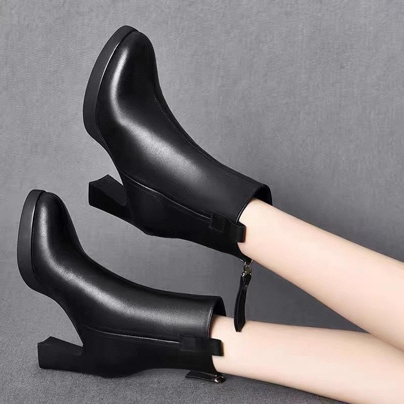 Leather Boots Women's New Pointed Thick Heel High Heel Short Boots Fashion Boots Rear Zipper Women's Boots Cotton Boots