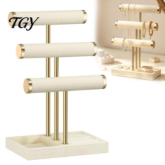 Velvet Jewelry Rack 3 Tier Organizer, T-shaped Holder for Bracelet, Dressing Table Necklaces Rings, & Earrings, Stand with Storage Tray Decorative