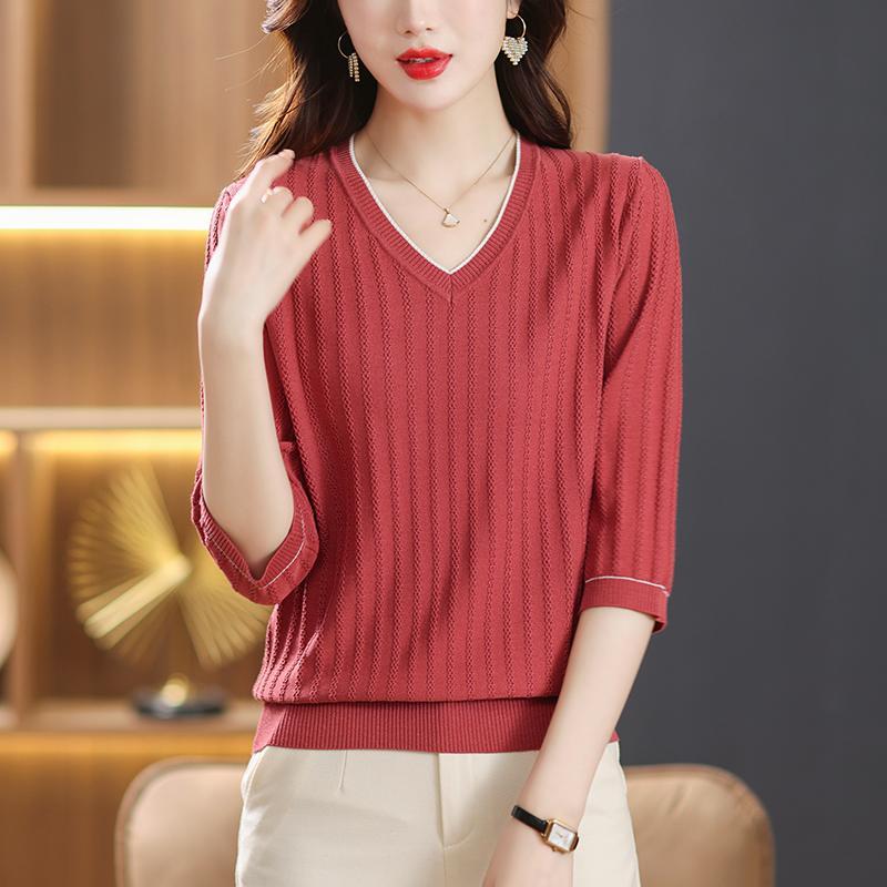 Футболка с v-образным вырезом для мам, женская верхняя рубашка из ледяного шелка с рукавами 3/4, тонкая весенняя модная нижняя рубашка