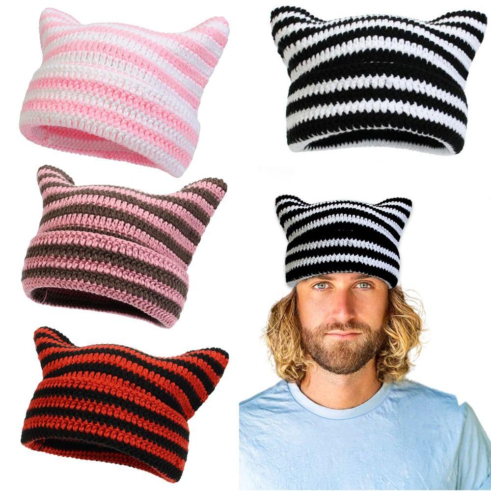 Cute Cat Ears Ins Little Devil Striped Hat Keep Warm Knitted Wool Cap Japanese Beanie Hat Women