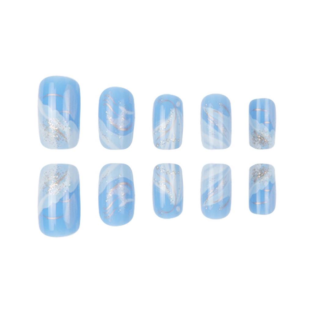 Fresh Blue & White Gradient Short Square Detachable False Nails with Irregular Lines