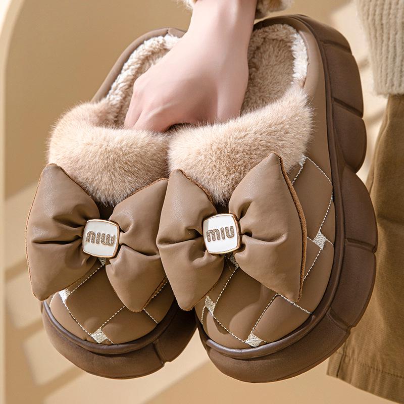 Женские зимние хлопковые тапочки с бантом на высоком каблуке - толстая подошва, плюс бархат, теплая повседневная одежда