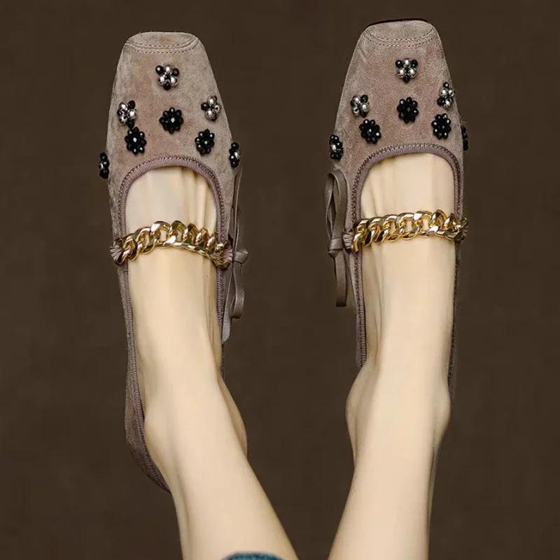 Square Toe String Bead Mary Janes Slip-on Chain Ladies Shoes 2024 High Quality Spring/Autumn Novelty Pumps Sapatos Mary Jane