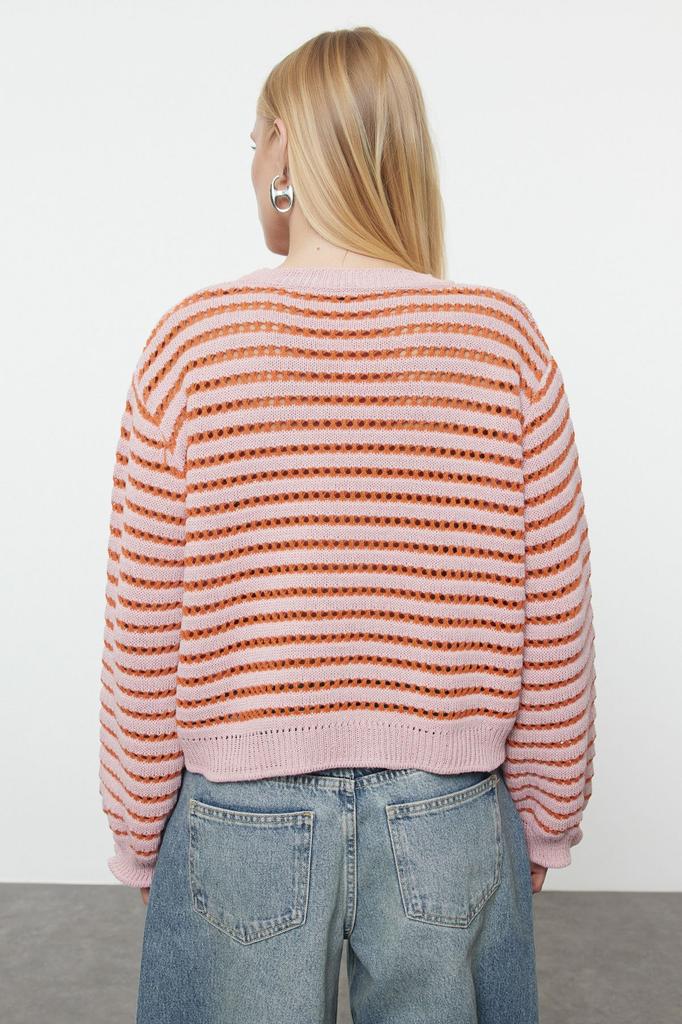 Women's Elegance Style Sweater Black Crop Openwork Perforated Striped Crew Neck Knitwear Sweater