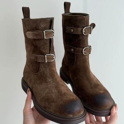 Версия из коровьей кожи~ ретро полированная круглая пряжка ремня ботинки Мартин женские 2025 новые на толстом каблуке ботинки в стиле вестерн короткие ботинки