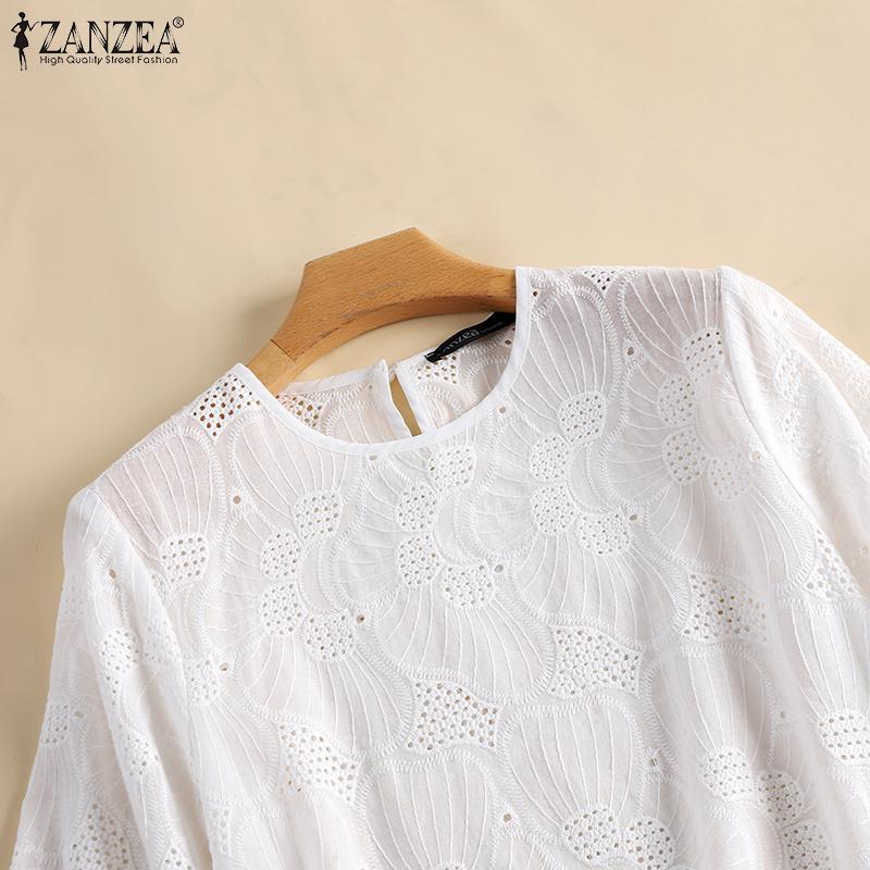 ZANZEA Летние повседневные кружевные вязаные крючком топы с круглым вырезом и половиной рукавов