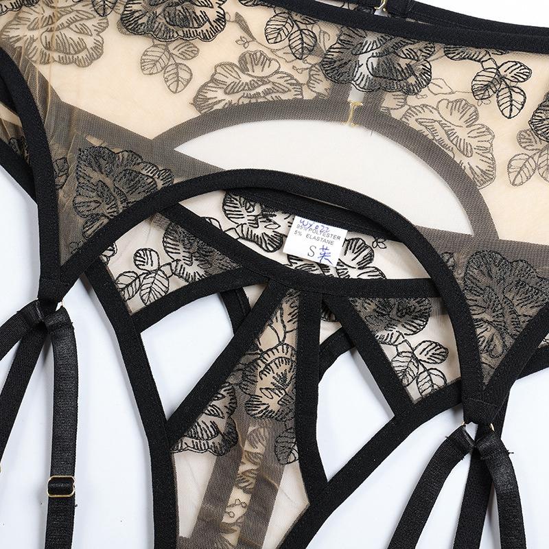 Women's See-Through Mesh Embroidery Bra Set Sexy Lingerie Underwire Bra Garter Belt Thong Suit