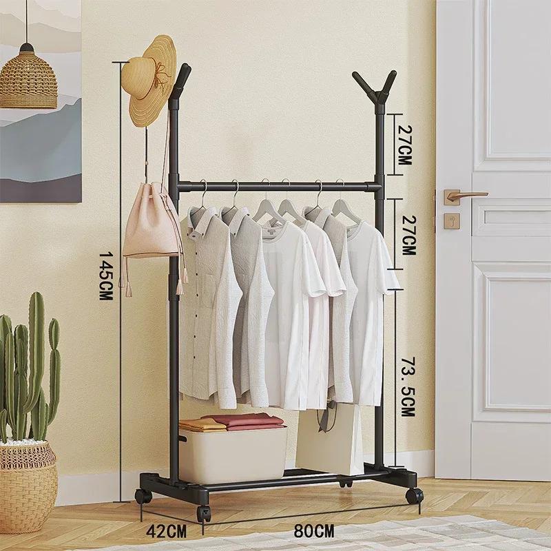 Multifunctional Bedroom Storage Racks Movable Double Rod Clothes Rack Telescopic Floor Hangers Wheeled Shoe Hat Hanger For Door