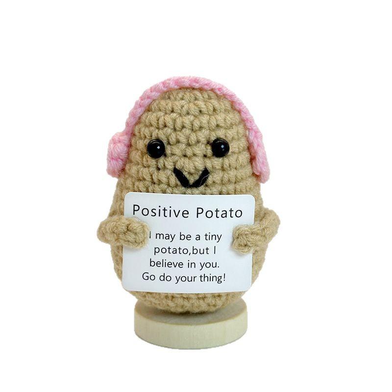 New Positive Crochet Headset Potato Doll with Card for Cheer Up Gifts and Party Decor Handmade Knitted Pencil Doll Desk Ornament
