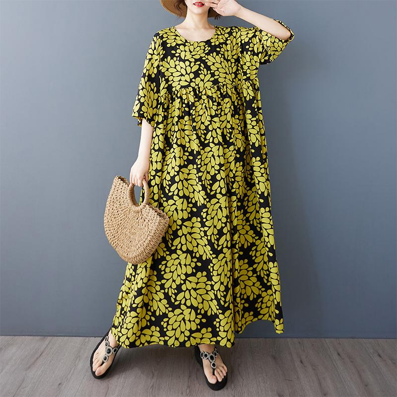 Новое хлопковое винтажное платье с цветочным принтом больших размеров с коротким рукавом для женщин, повседневное свободное длинное летнее платье