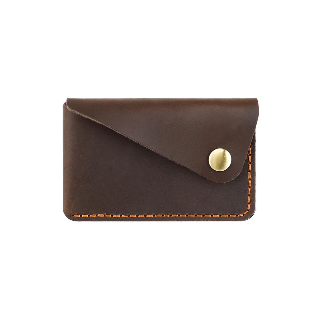Retro Handcrafted Crazy Horse Leather Envelope Card Holder, Vintage Genuine Leather Slim Card Wallet with Snap Button for Men