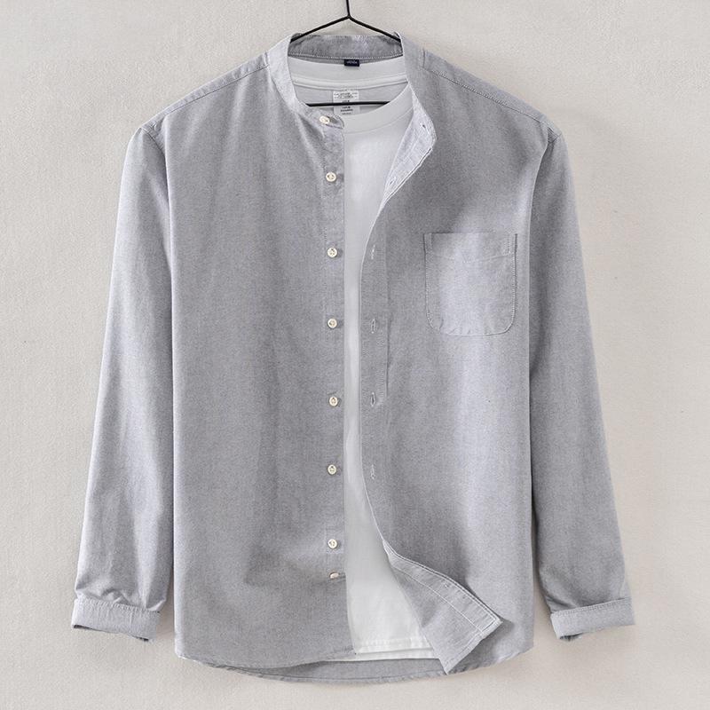 Men's Solid Long-Sleeve Dress Shirts Button Down Breathable Loose Casual Band Collar Cotton Shirts Stylish Solid Oxford Business Shirt for Men