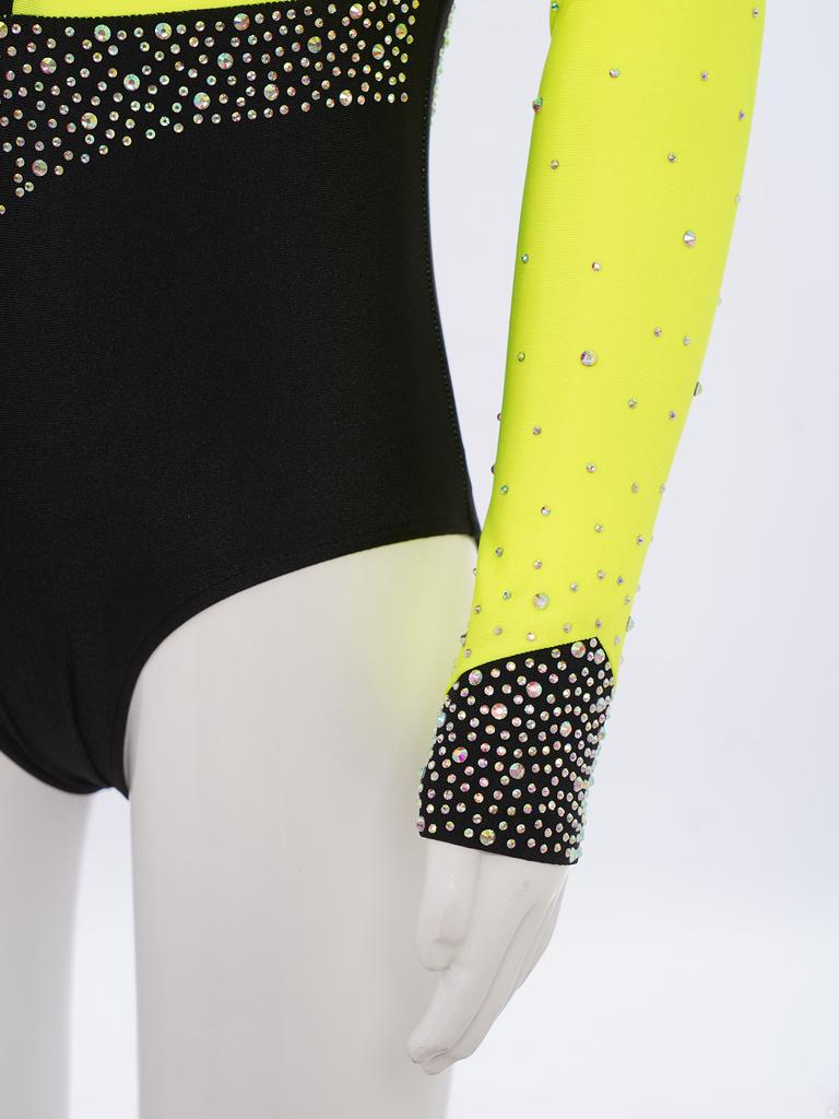 Гимнастический купальник для девочек с длинным рукавом, с вырезом-капелькой на спине, блестящими стразами, одежда для фигурного катания и танцев