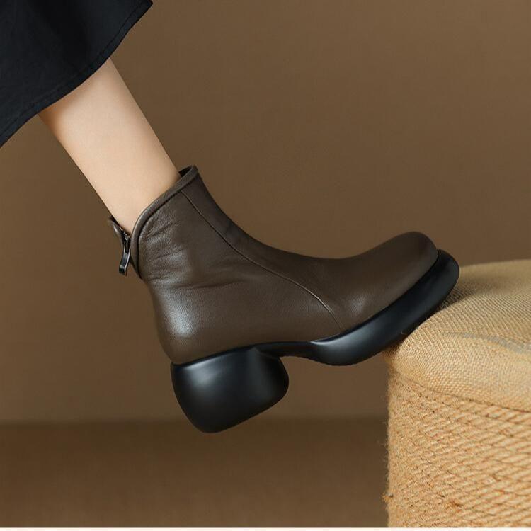 Зимние новые кожаные женские короткие ботинки 2025 года, на толстой подошве, с круглым носом, в британском стиле, на грубом каблуке, с подошвой из губки, цвет хаки, ретро