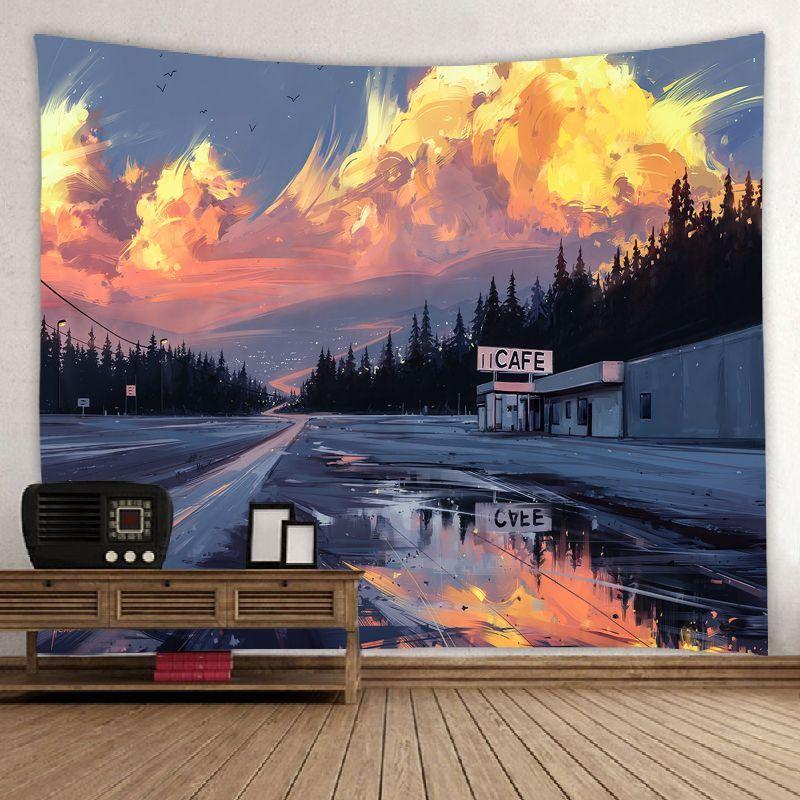 VIKAMA Oil Painting Style Dusk Road Tapestry Sunset Forest Road Scenery Background Cloth Warm Tapestry Room Decoration