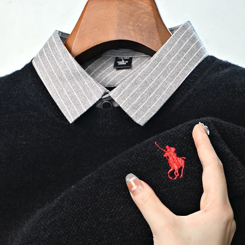 TrendHub Дизайнерское Качество Мужской Лацкан Поддельный Двойка Длинный Рукав Новая Вышивка Футболка Мода Бизнес Мужская Одежда