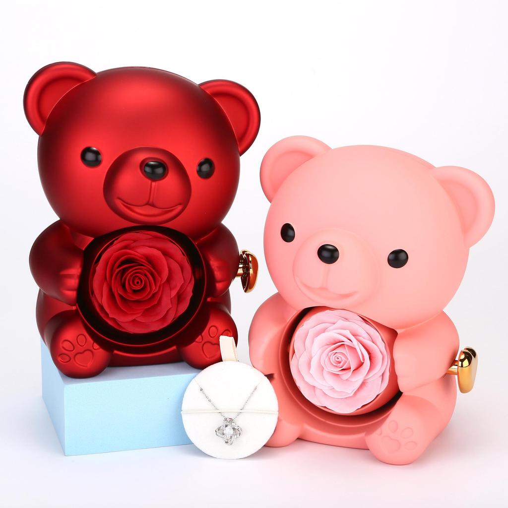 Rotating Teddy Bear Rose Jewelry Box with Preserved Flower - Charming Gift Idea for Rings and Necklaces