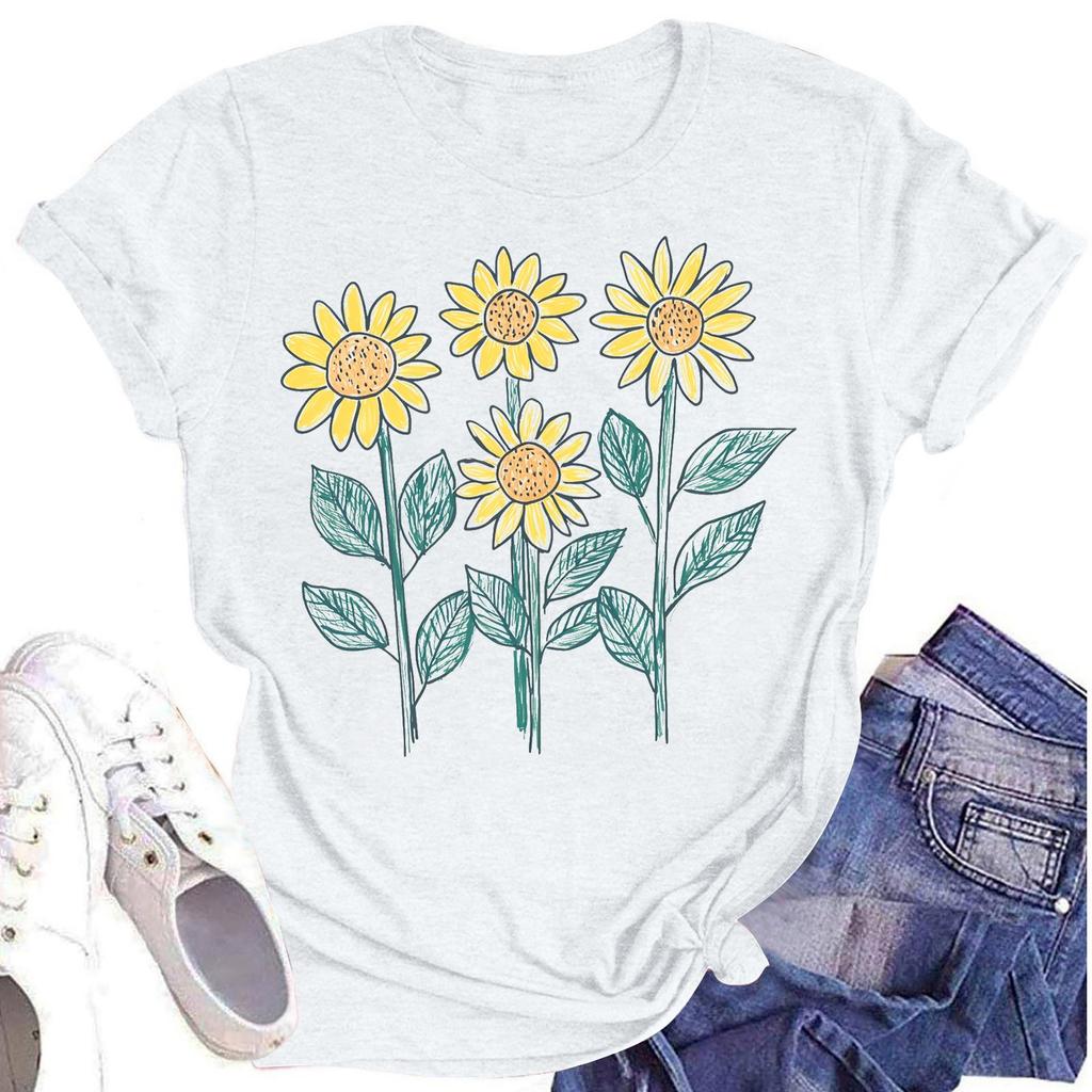 Женская повседневная футболка с круглым вырезом и цветочным принтом, короткий рукав