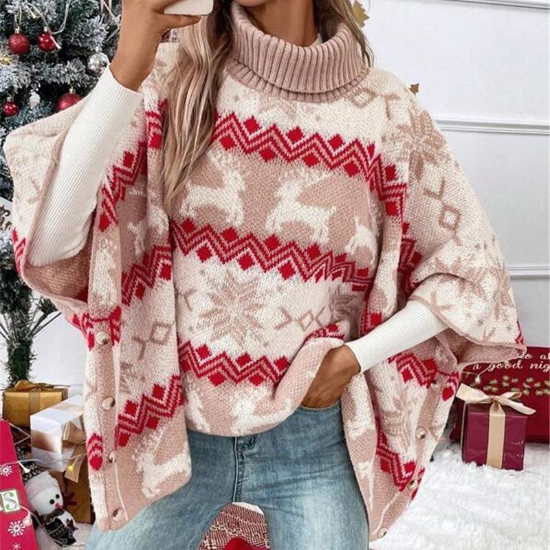 Women'S Christmas Oversized Sweater Novelty Autumn Winter Turtleneck Bat Sleeved Knit Pullover Festival Women Clothing