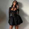 Сексуальное кружевное бандажное мини-платье, женское модное прозрачное платье А-силуэта с длинным рукавом, черное платье-платье для леди