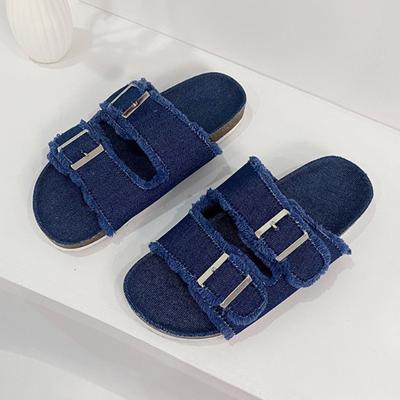 Женская обувь 2024 года, летние пляжные тапочки на плоской подошве, женские новые повседневные шлепанцы конфетного цвета с пряжкой из парусины, уличные дикие тапочки для женщин